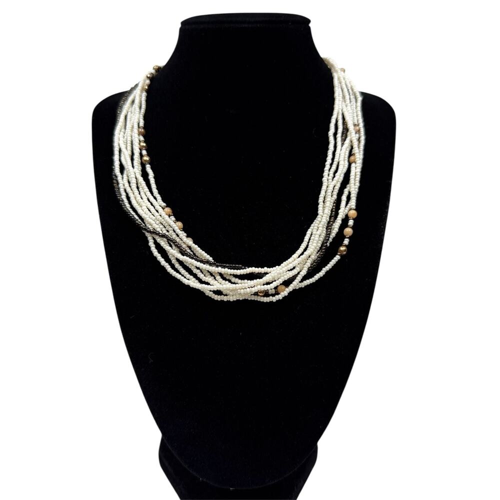 Fashion Multi-Strand Seed Beaded Necklace White Cream Brown Black Gold-Tone 17"